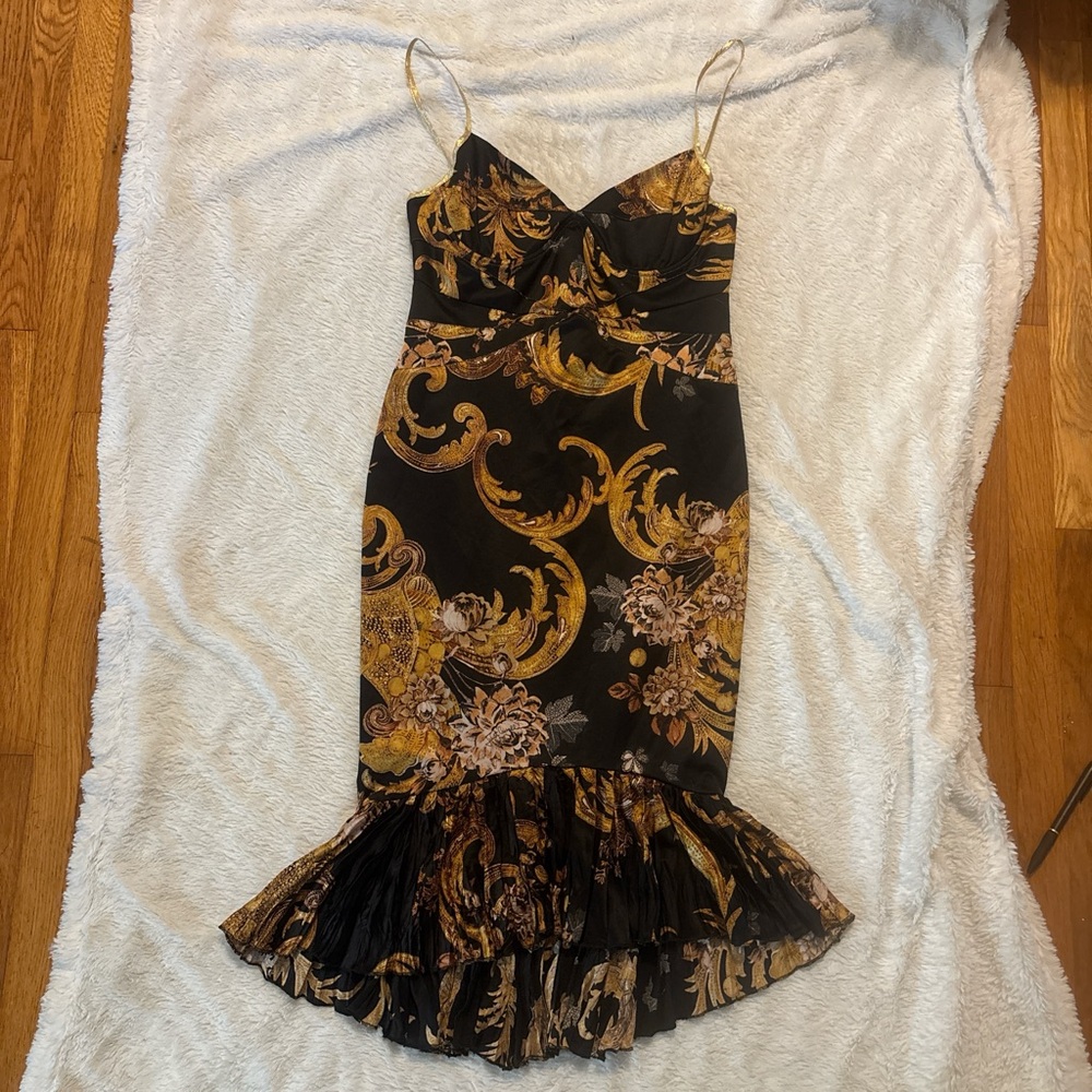 John Galliano Black and Gold Midi Dress